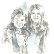 Two sisters portrait in charcoal.