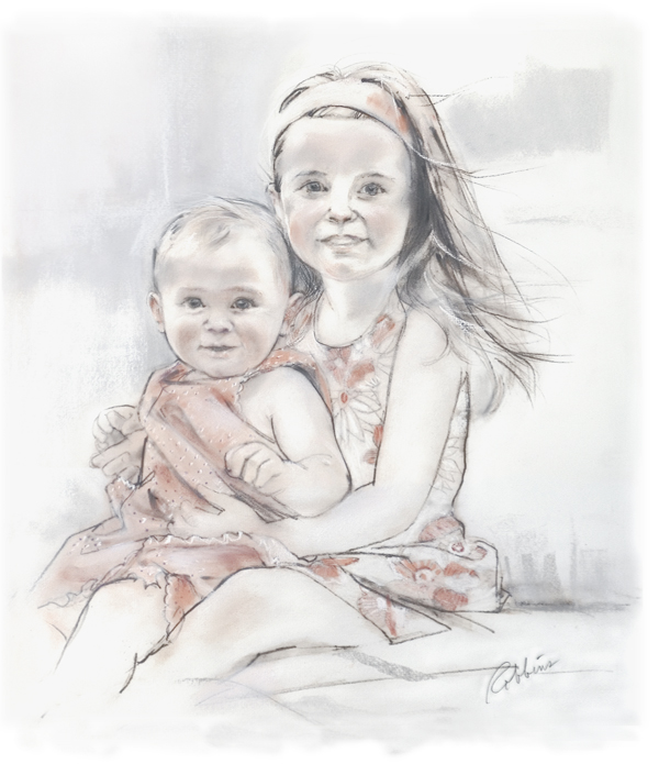 Brother and sister portrait in charcoal
