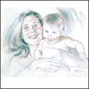 Mother and son portrait in charcoal.