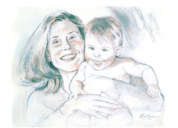 Mother and son portrait in charcoal
