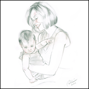 Mother and dughter portrait in charcoal.