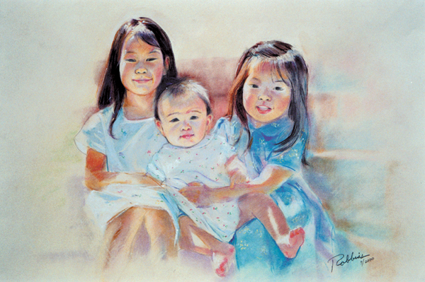 Portrait of sisters and brothers in pastel