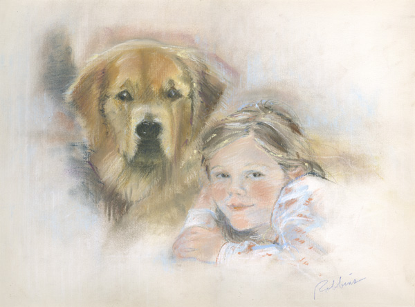 Portrait of a girl and a dog in pastel