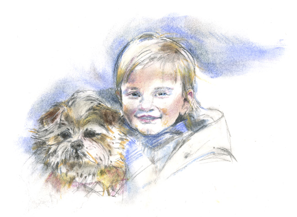 Portrait of a toddler and his dog in pastel