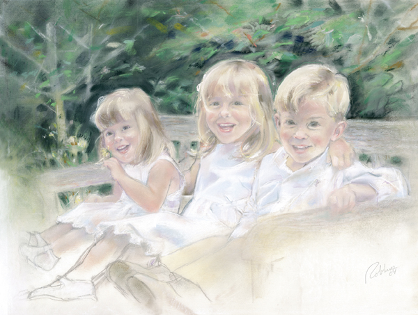 Portrait of sisters and brother in pastel